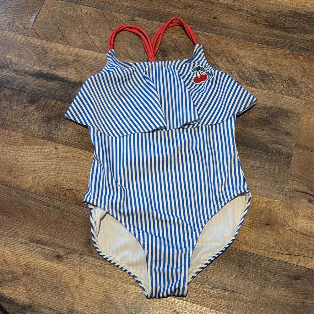 Striped Blue and White Kids Swimsuit with Cherry Detail